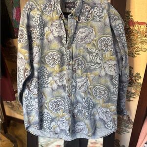 Quick Reflex Vintage Blue and Yellow Floral Medallion Button-Down Shirt